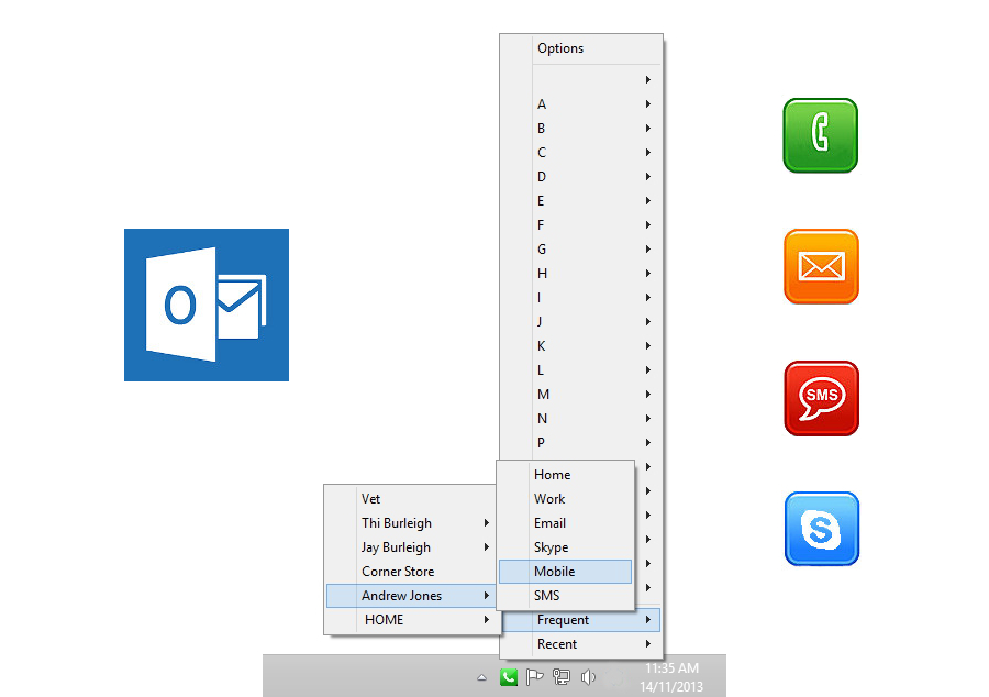 Menudex displays a menu of A to Z allowing users to connect with Outlook Contacts with a single click.